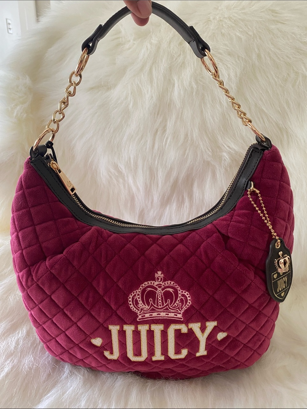 Juicy Couture Quilted Velour Crowning Glory Hobo Bag in Plum Berry/ Chocolate